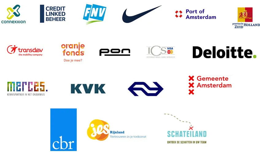 Logo's van opdrachtgevers van HAPPY Professionals, waaronder CBR, Kamer van Koophandel, Port of Amsterdam, Transdev, Deloitte en NS